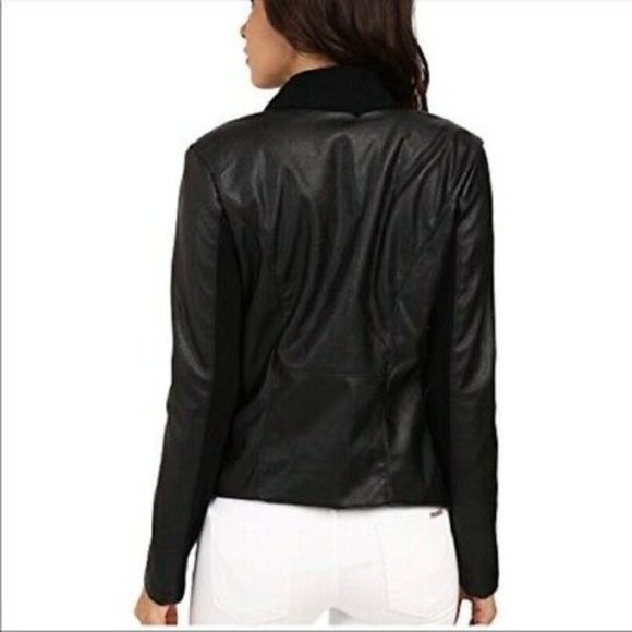 Blank NYC Asymmetrical Zipper Draped Black Moto Jacket Vegan Leather XS - Picture 3 of 9